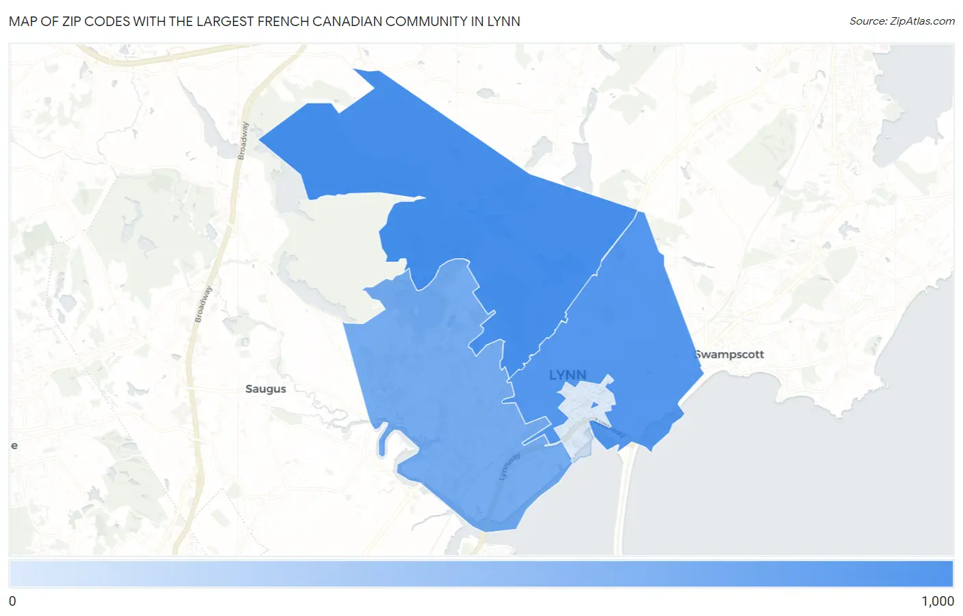 Zip Codes with the Largest French Canadian Community in Lynn Map