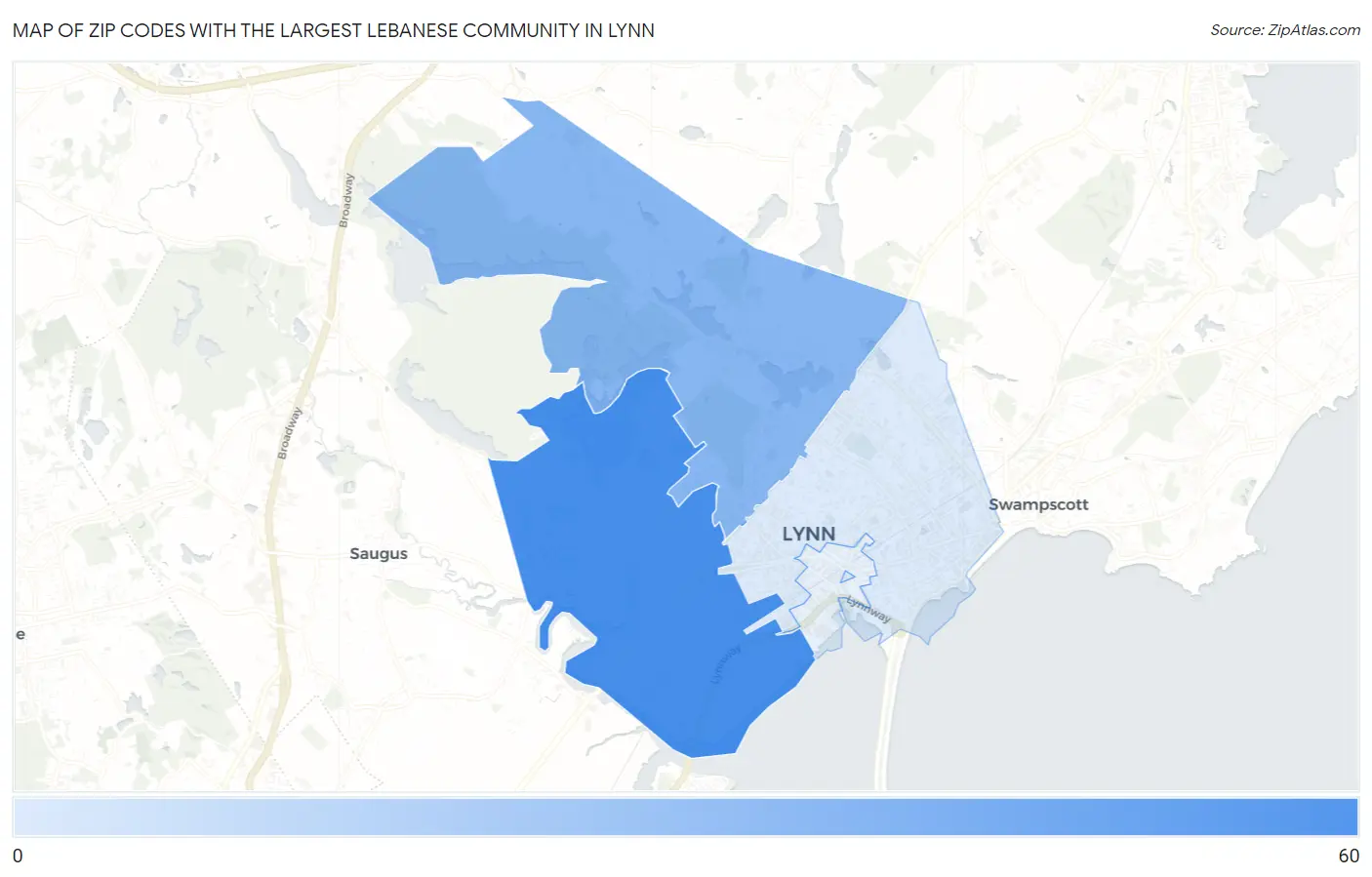 Zip Codes with the Largest Lebanese Community in Lynn Map
