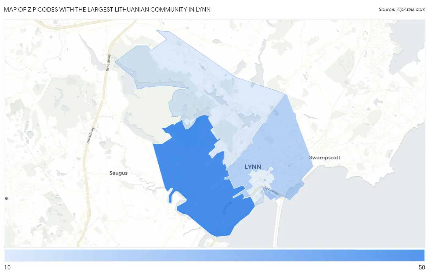 Zip Codes with the Largest Lithuanian Community in Lynn Map