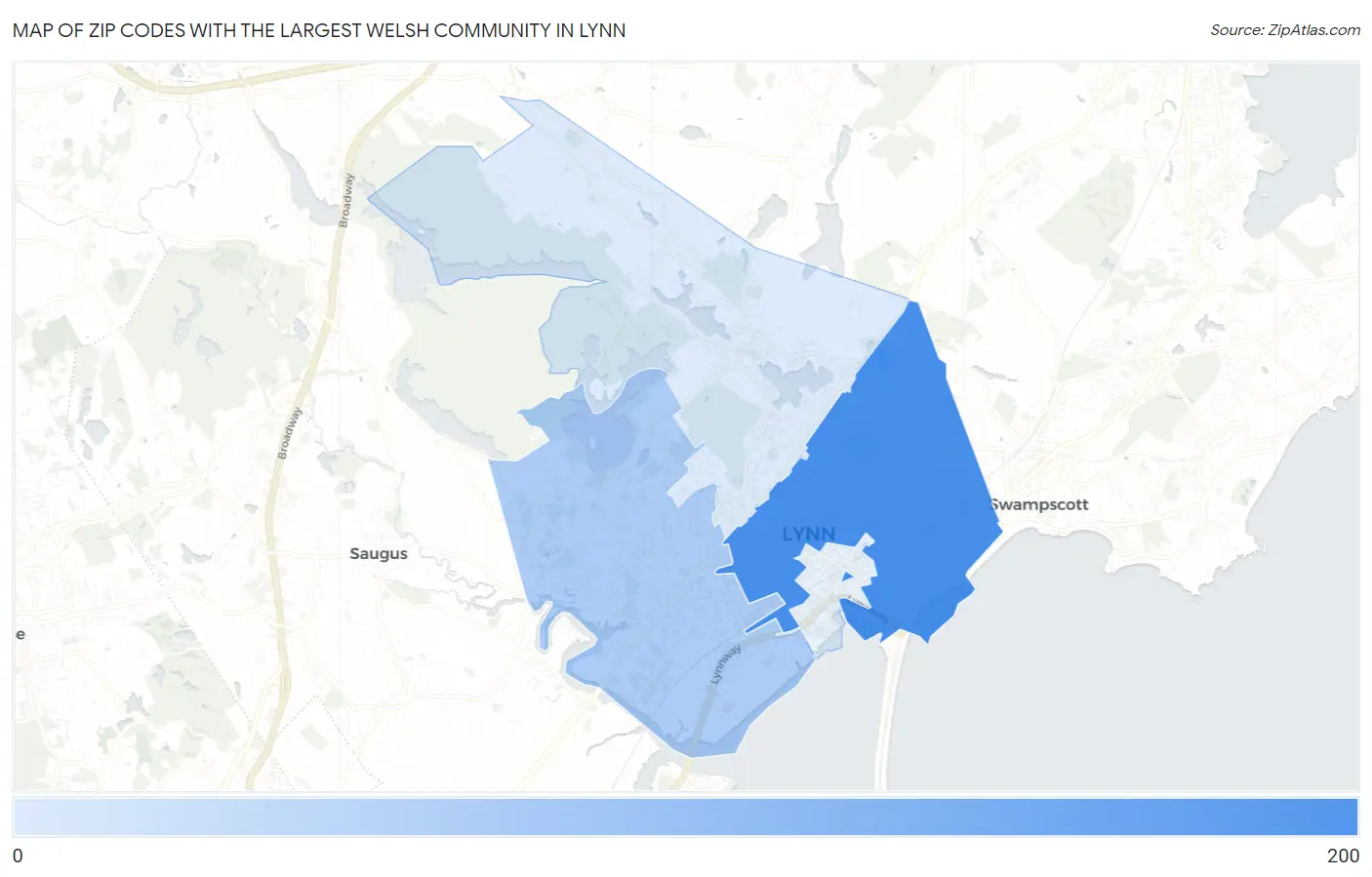 Zip Codes with the Largest Welsh Community in Lynn Map