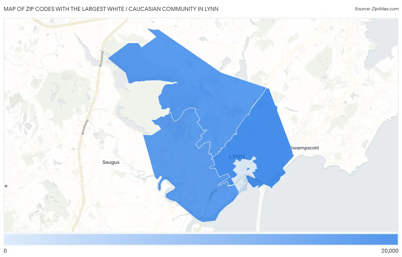 Zip Codes with the Largest White / Caucasian Community in Lynn Map