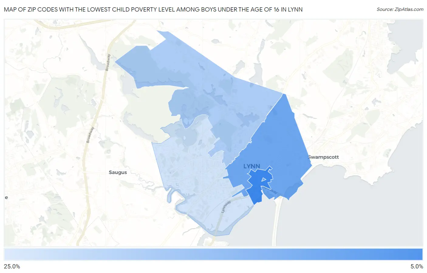 Zip Codes with the Lowest Child Poverty Level Among Boys Under the Age of 16 in Lynn Map
