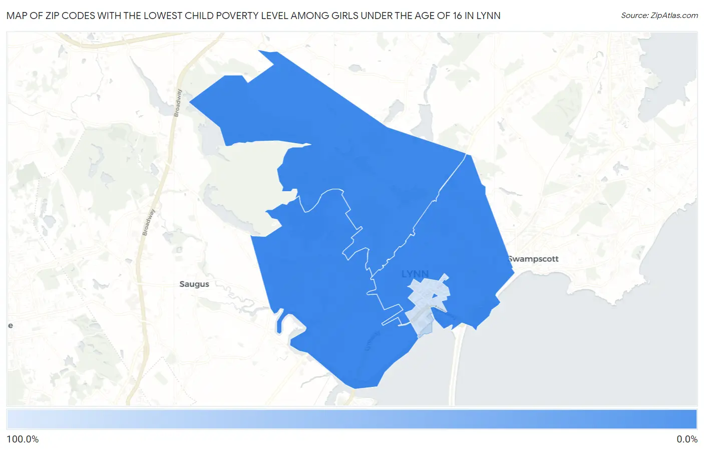 Zip Codes with the Lowest Child Poverty Level Among Girls Under the Age of 16 in Lynn Map