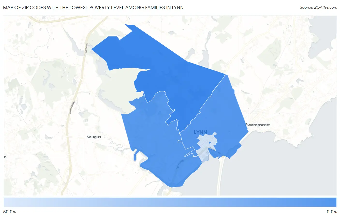 Zip Codes with the Lowest Poverty Level Among Families in Lynn Map