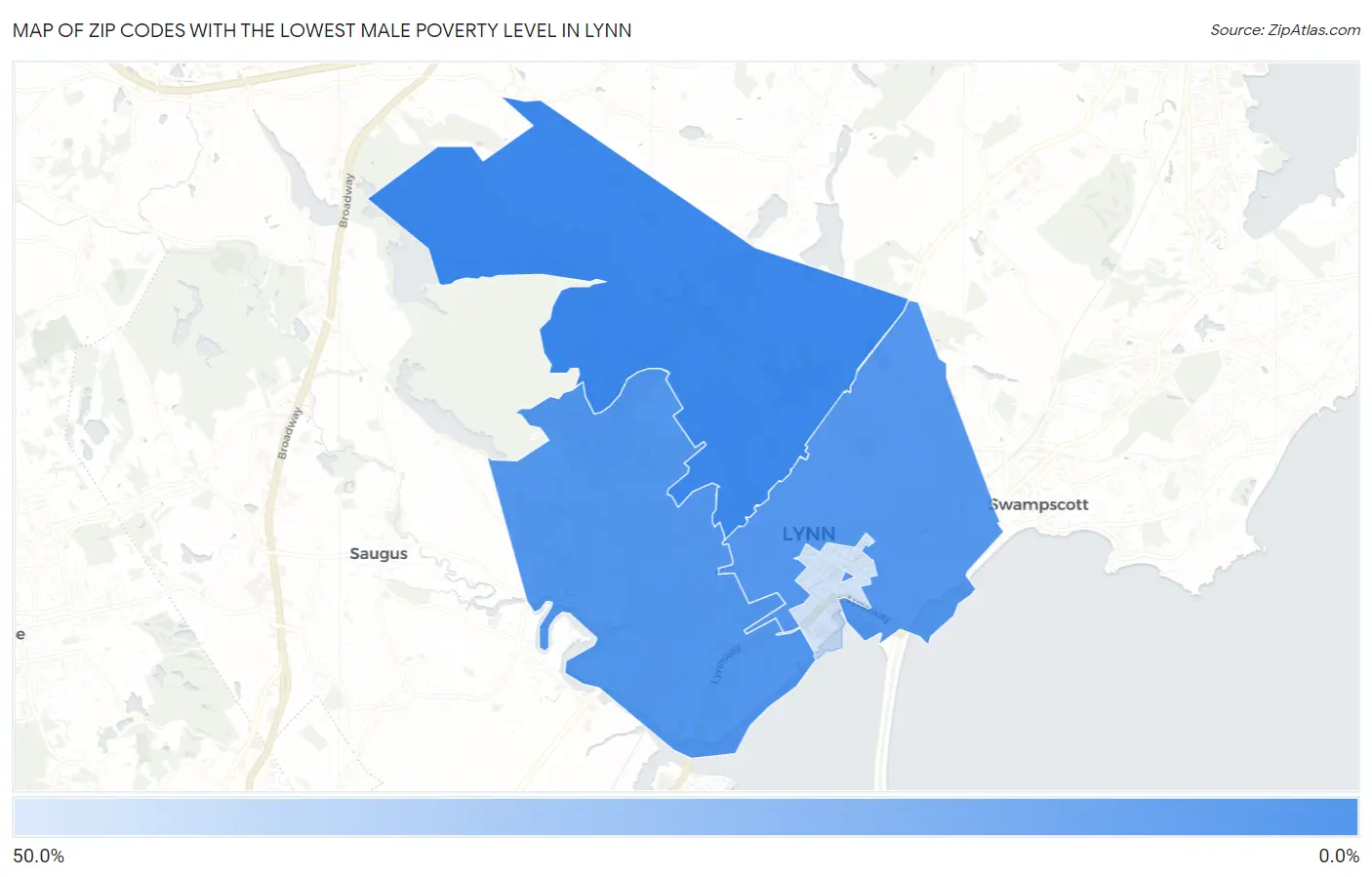 Zip Codes with the Lowest Male Poverty Level in Lynn Map
