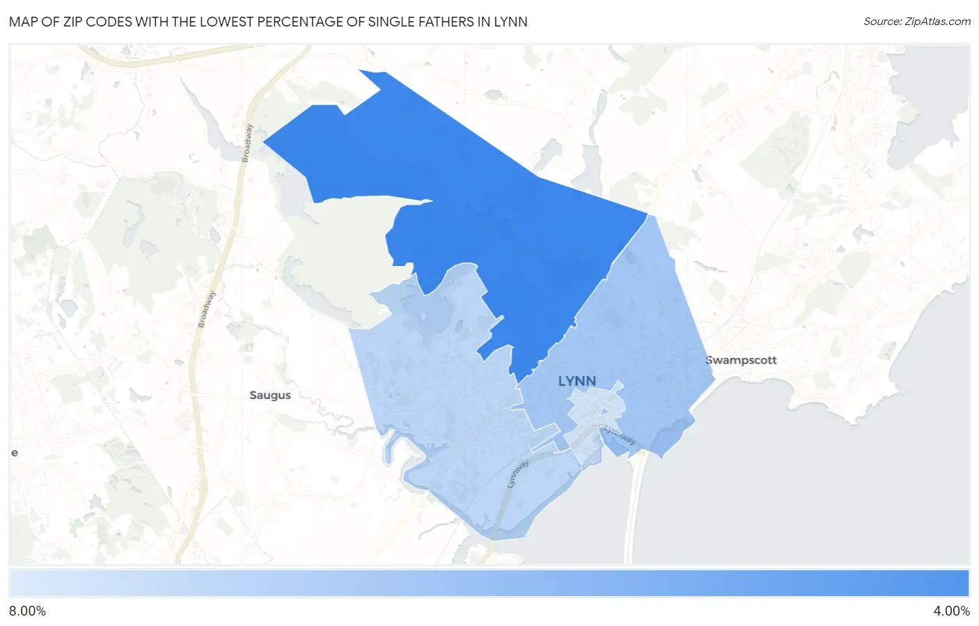 Zip Codes with the Lowest Percentage of Single Fathers in Lynn Map