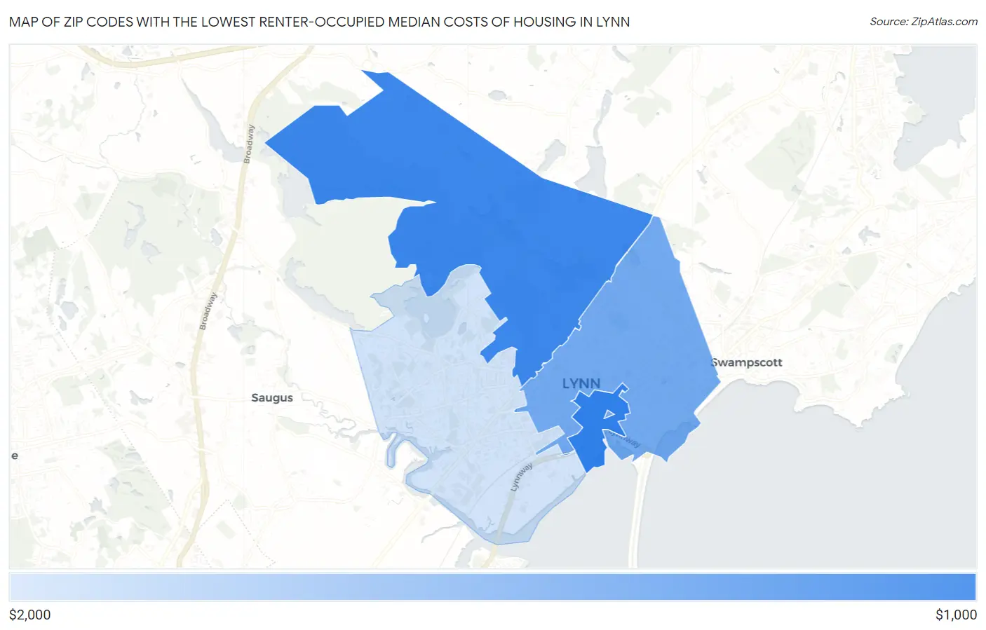 Zip Codes with the Lowest Renter-Occupied Median Costs of Housing in Lynn Map