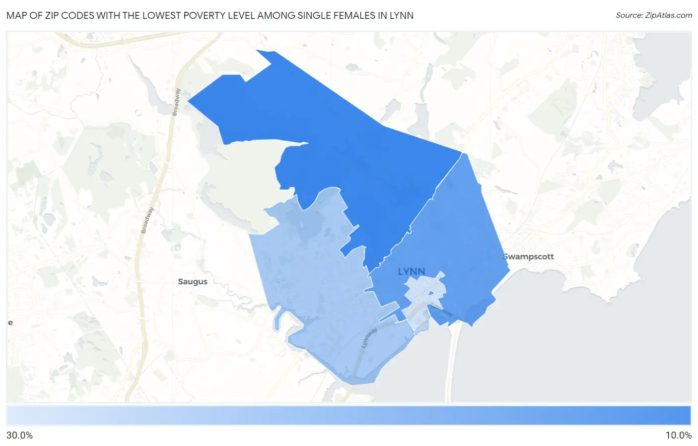 Zip Codes with the Lowest Poverty Level Among Single Females in Lynn Map