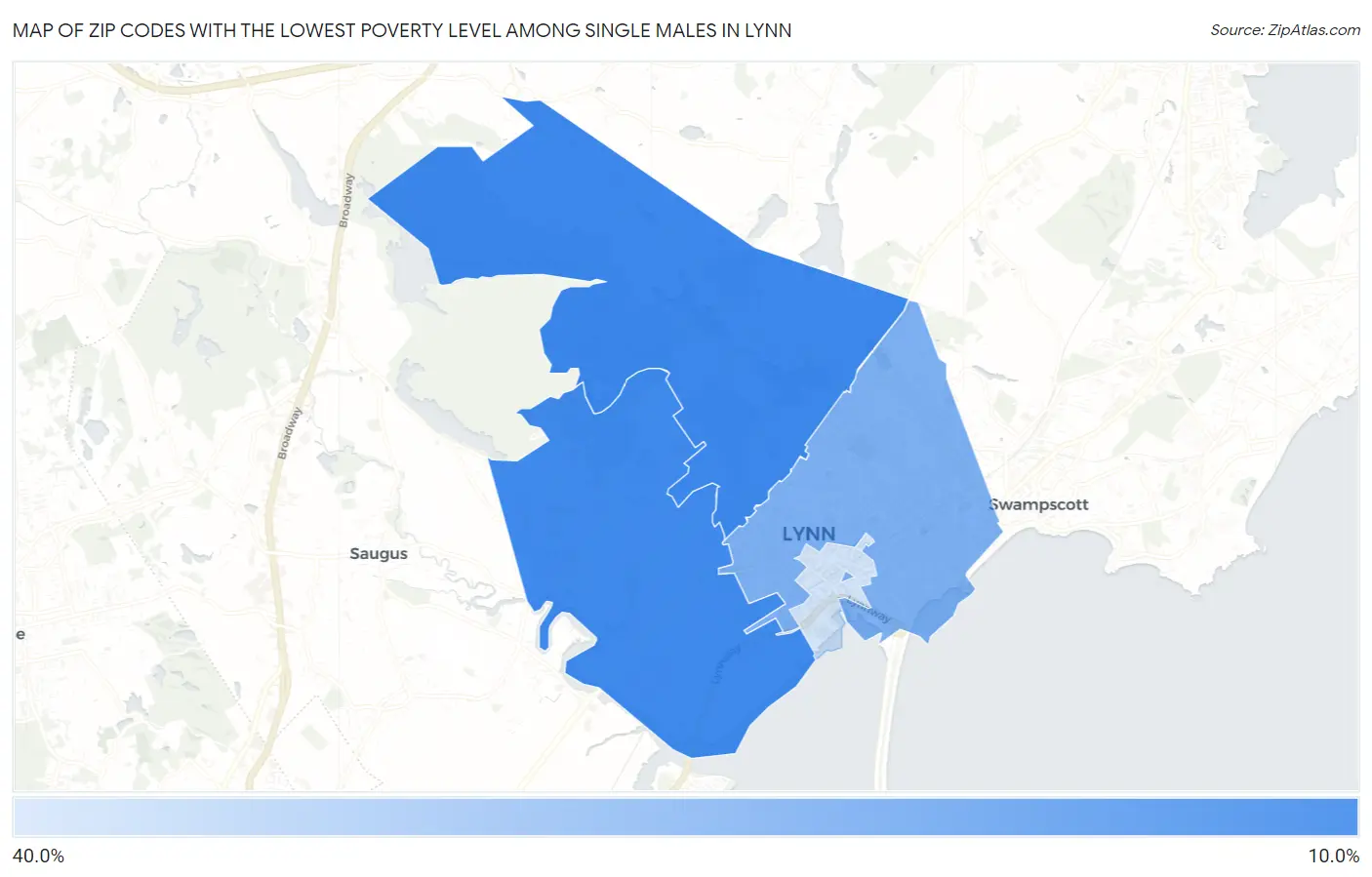 Zip Codes with the Lowest Poverty Level Among Single Males in Lynn Map