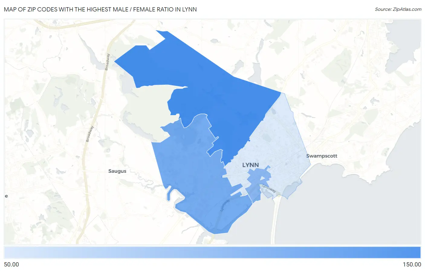 Zip Codes with the Highest Male / Female Ratio in Lynn Map