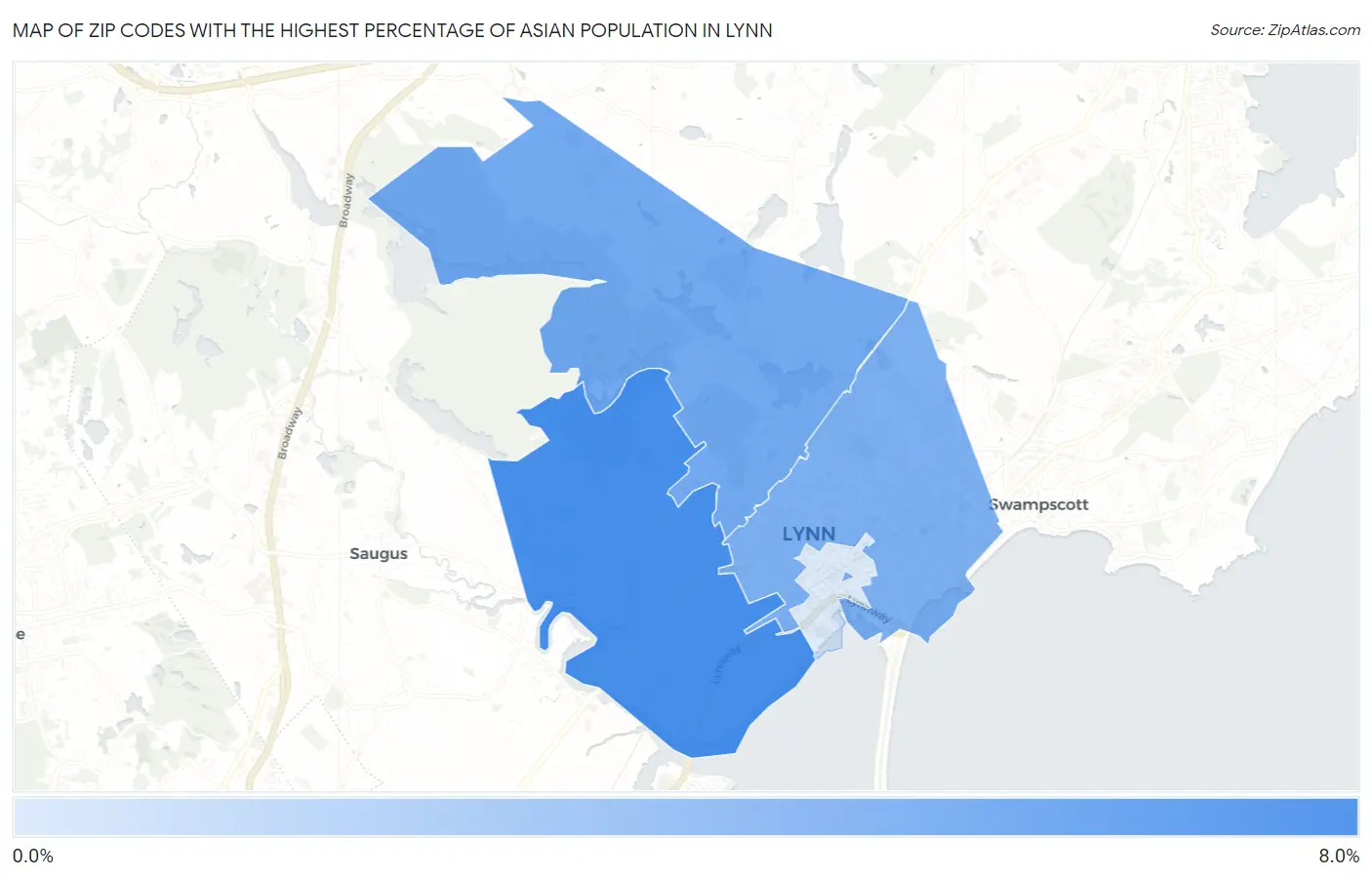 Zip Codes with the Highest Percentage of Asian Population in Lynn Map