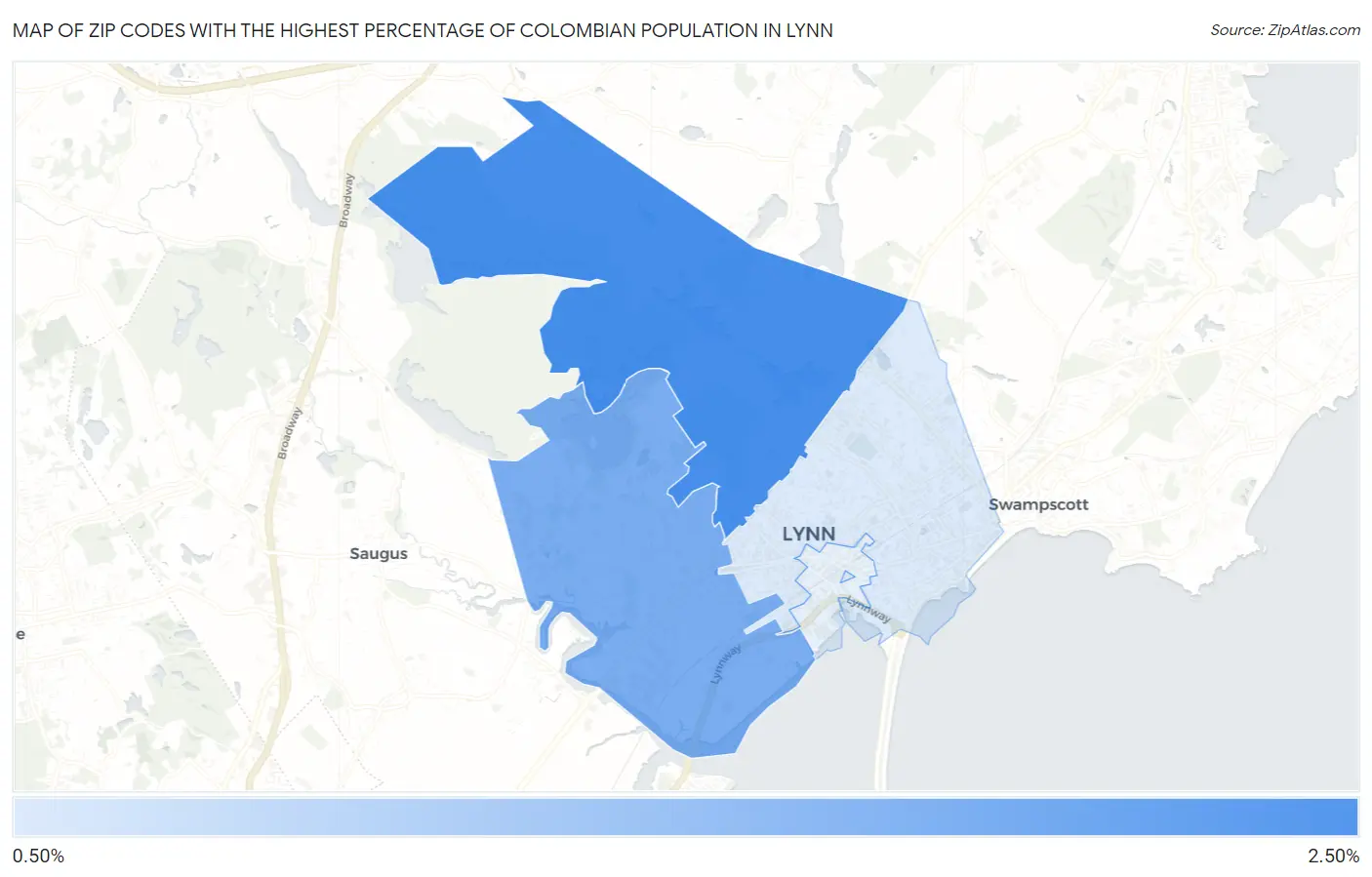 Zip Codes with the Highest Percentage of Colombian Population in Lynn Map