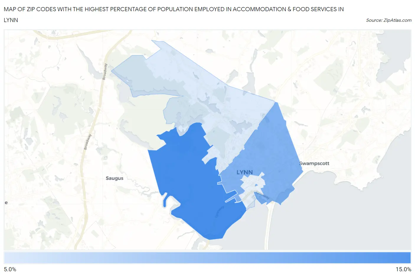 Zip Codes with the Highest Percentage of Population Employed in Accommodation & Food Services in Lynn Map