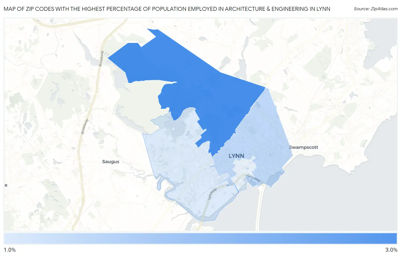 Zip Codes with the Highest Percentage of Population Employed in Architecture & Engineering in Lynn Map
