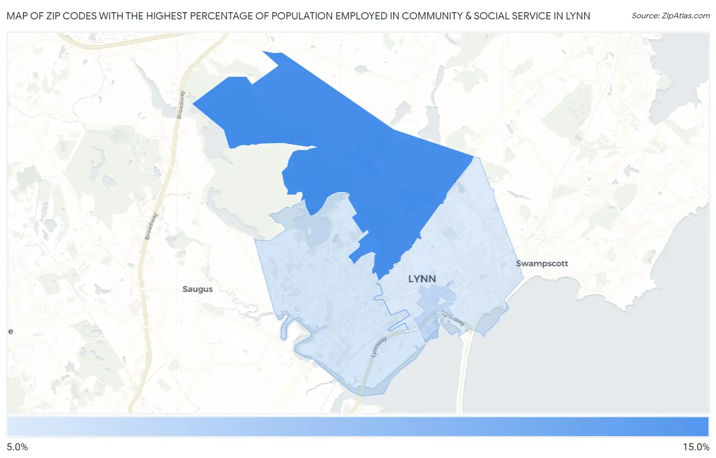 Zip Codes with the Highest Percentage of Population Employed in Community & Social Service  in Lynn Map