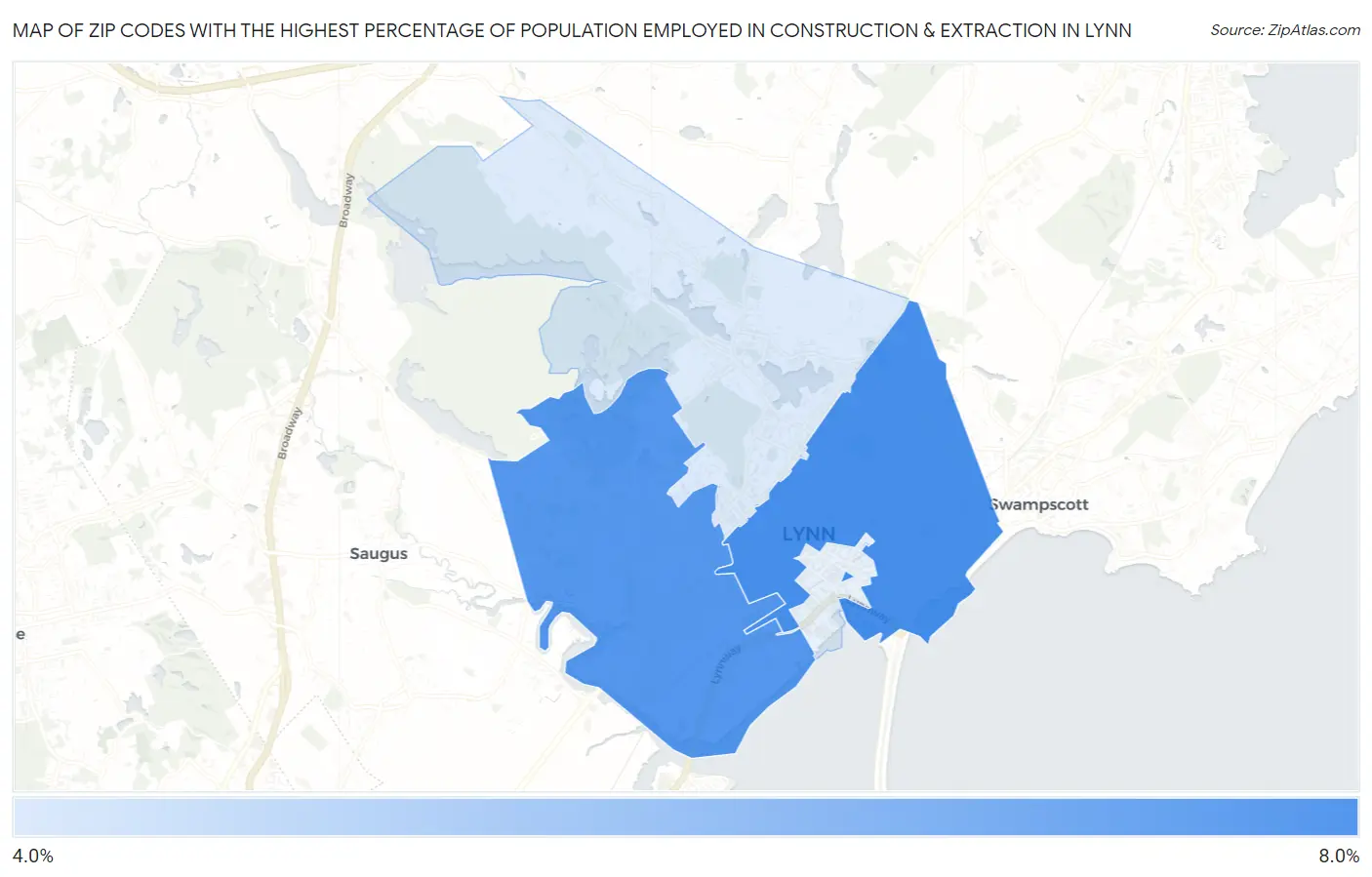 Zip Codes with the Highest Percentage of Population Employed in Construction & Extraction in Lynn Map