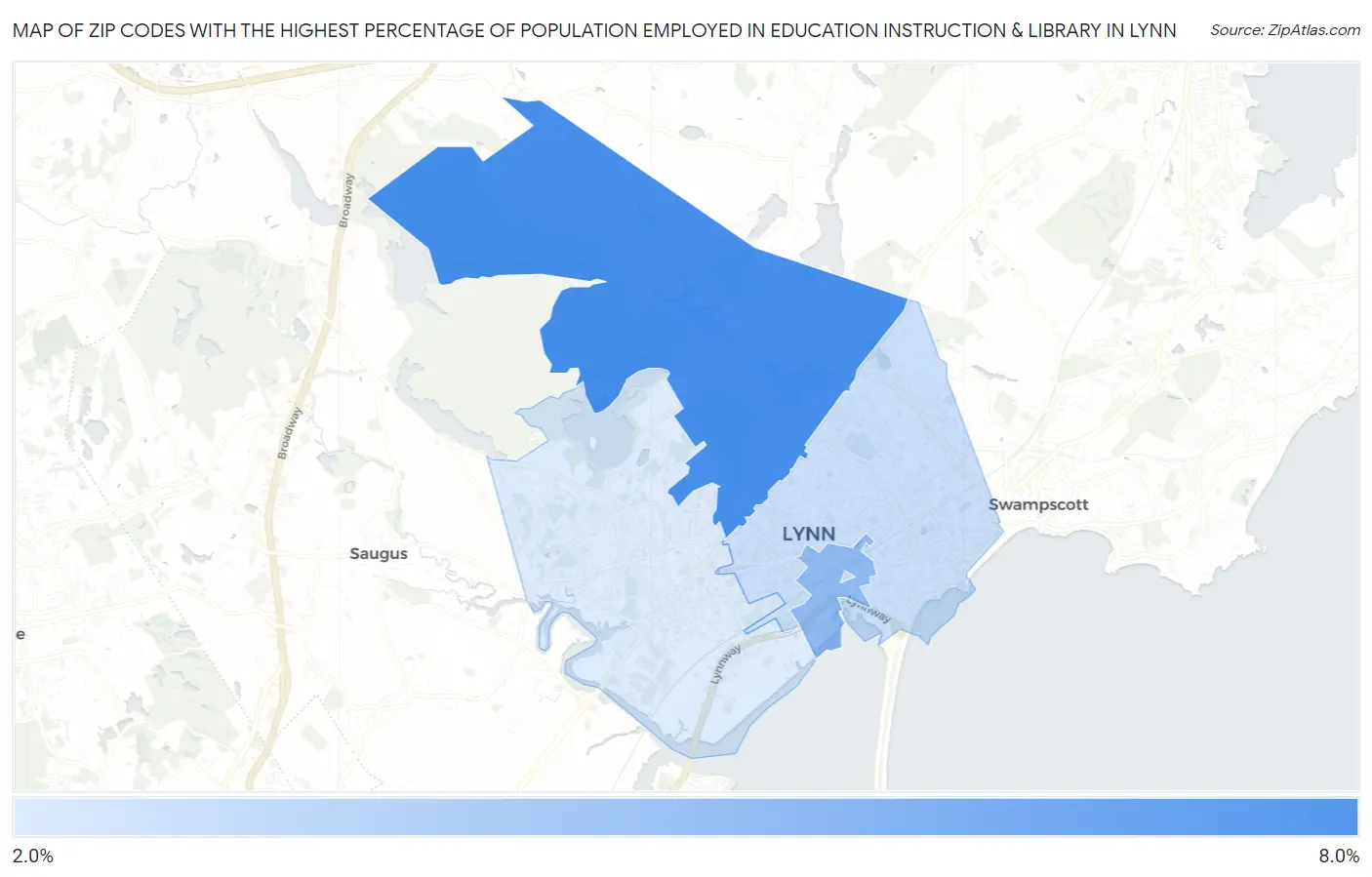 Zip Codes with the Highest Percentage of Population Employed in Education Instruction & Library in Lynn Map