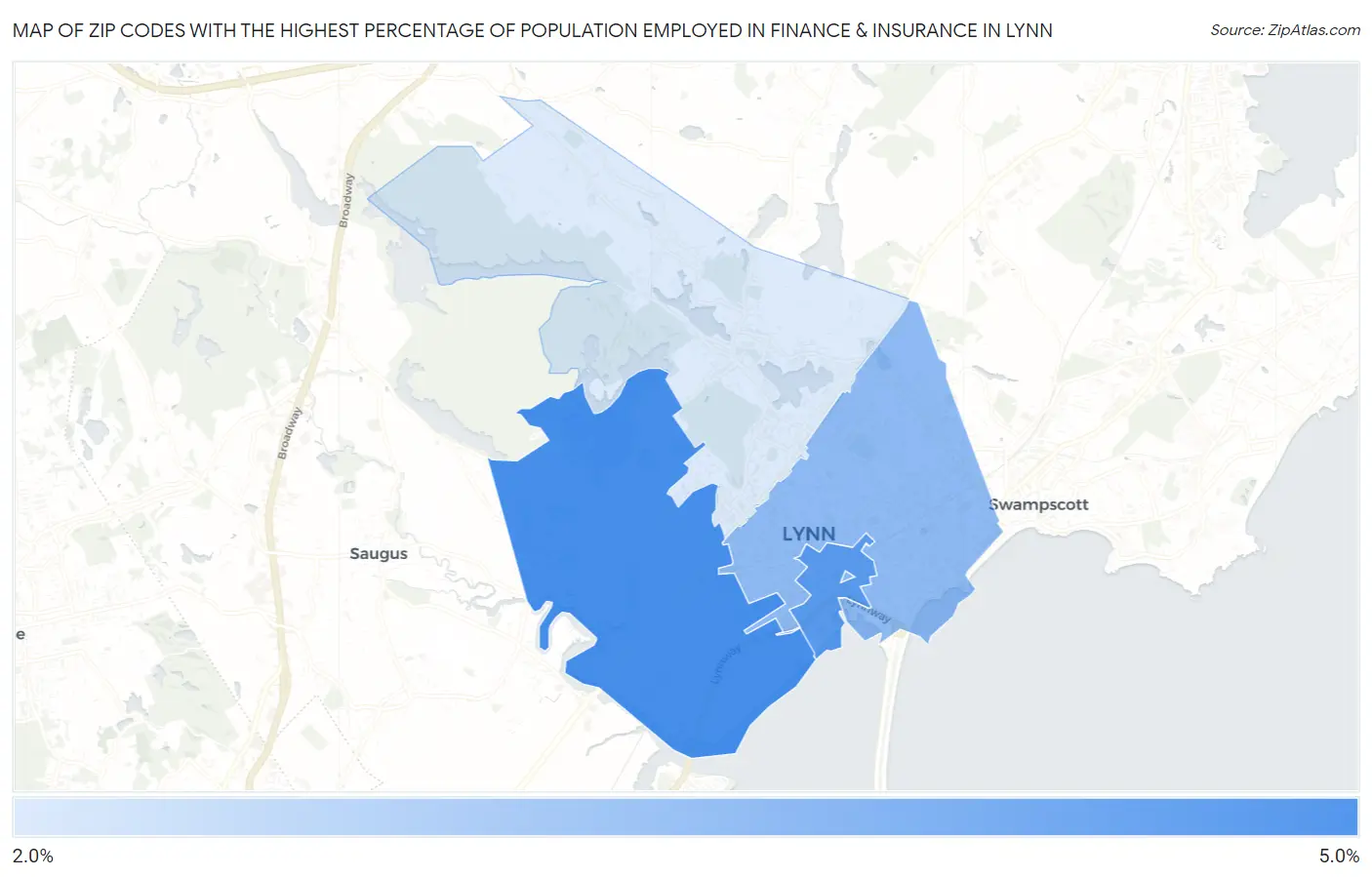 Zip Codes with the Highest Percentage of Population Employed in Finance & Insurance in Lynn Map