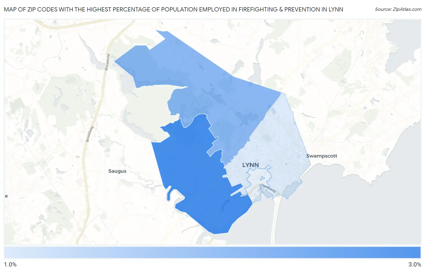 Zip Codes with the Highest Percentage of Population Employed in Firefighting & Prevention in Lynn Map