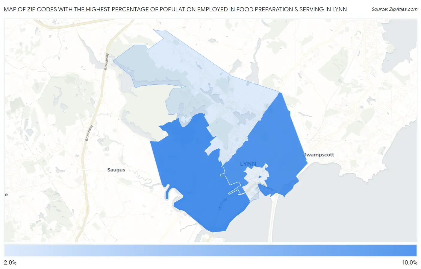Zip Codes with the Highest Percentage of Population Employed in Food Preparation & Serving in Lynn Map