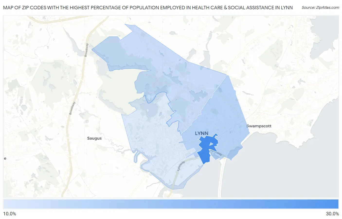 Zip Codes with the Highest Percentage of Population Employed in Health Care & Social Assistance in Lynn Map