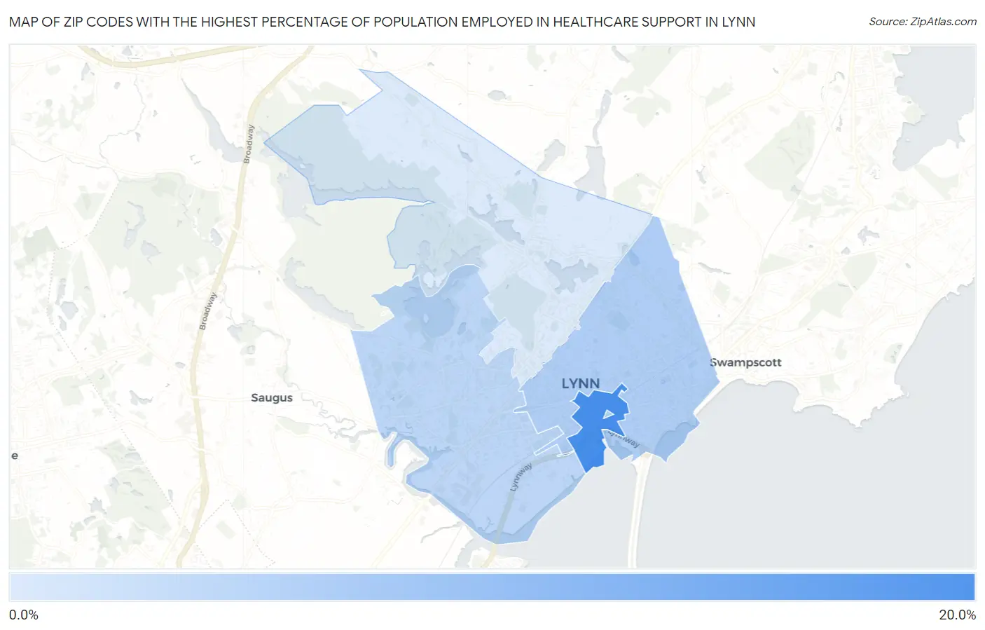 Zip Codes with the Highest Percentage of Population Employed in Healthcare Support in Lynn Map