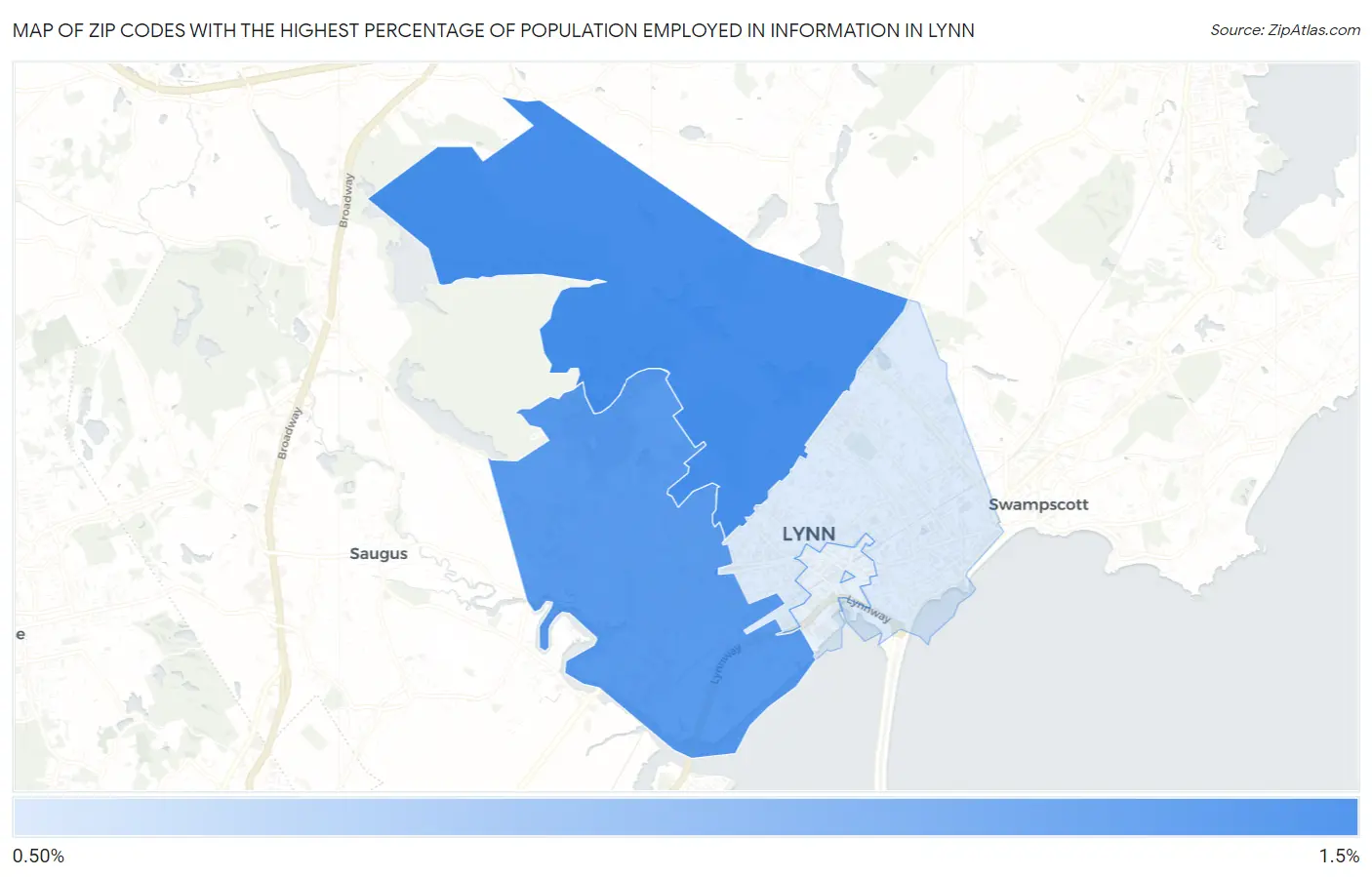 Zip Codes with the Highest Percentage of Population Employed in Information in Lynn Map