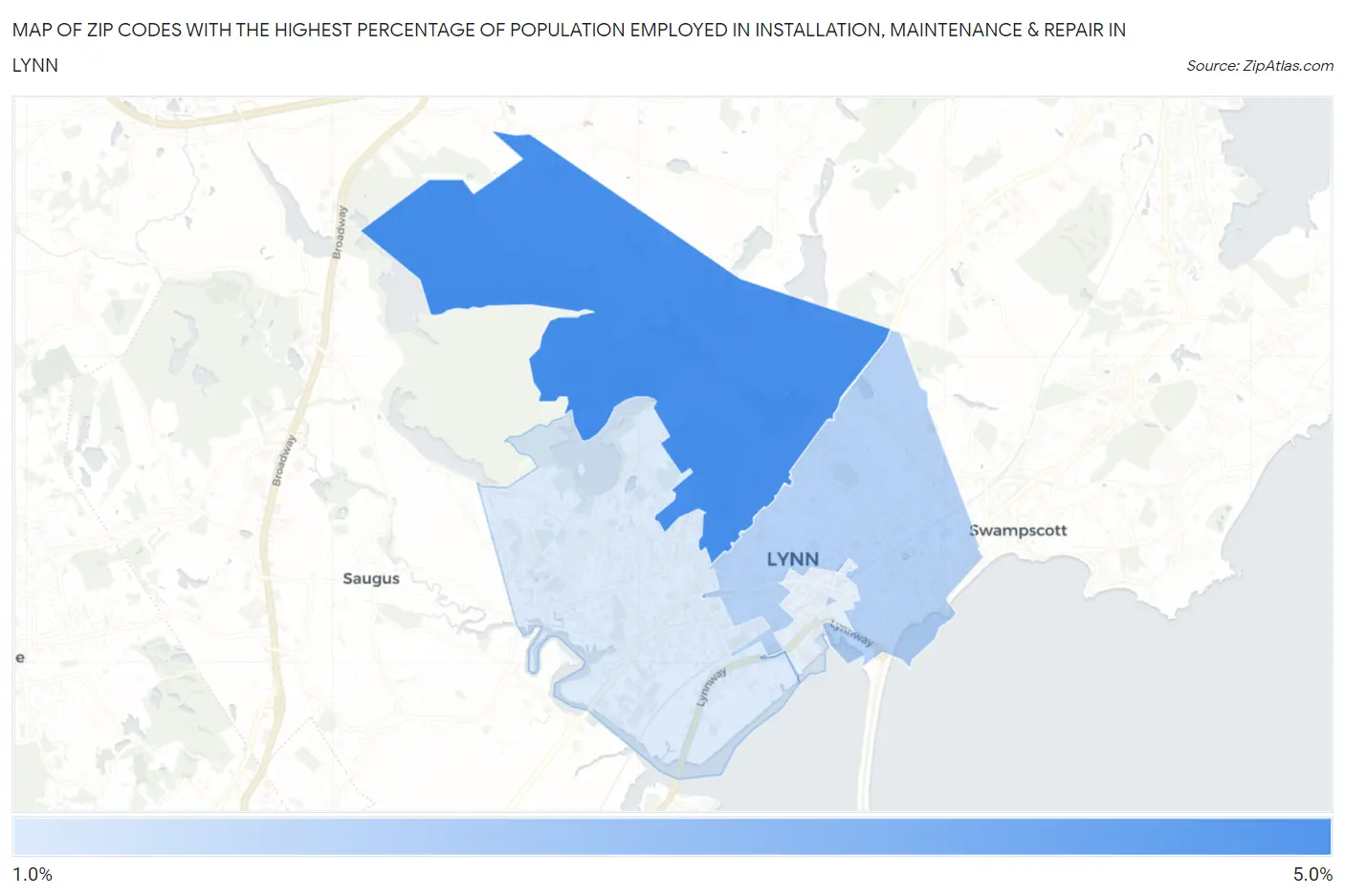 Zip Codes with the Highest Percentage of Population Employed in Installation, Maintenance & Repair in Lynn Map