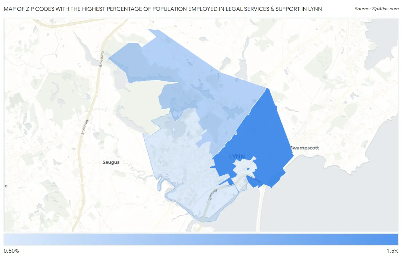 Zip Codes with the Highest Percentage of Population Employed in Legal Services & Support in Lynn Map