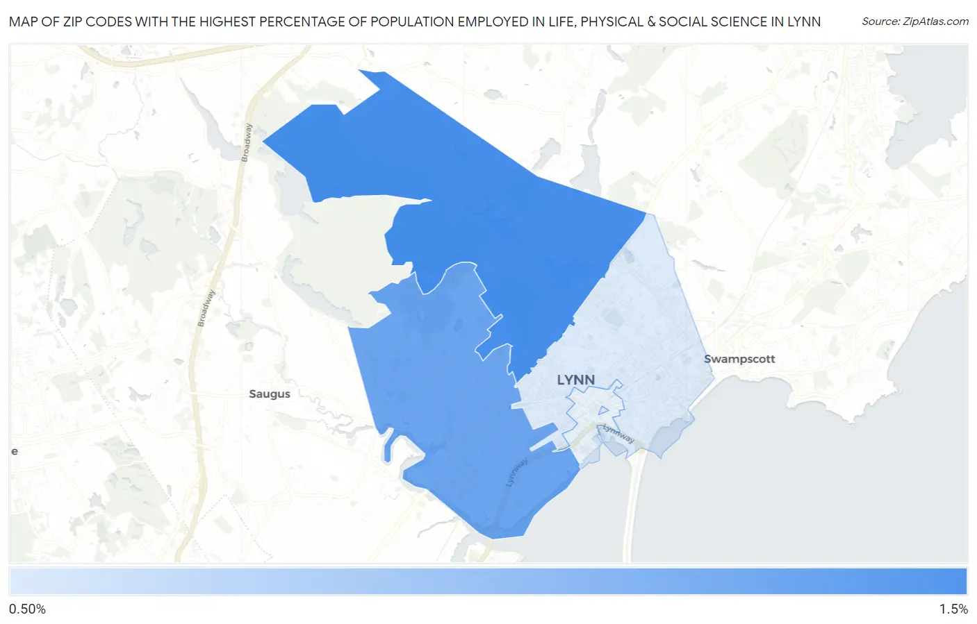 Zip Codes with the Highest Percentage of Population Employed in Life, Physical & Social Science in Lynn Map