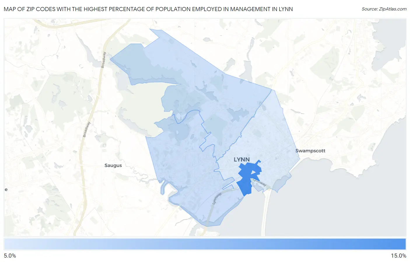 Zip Codes with the Highest Percentage of Population Employed in Management in Lynn Map