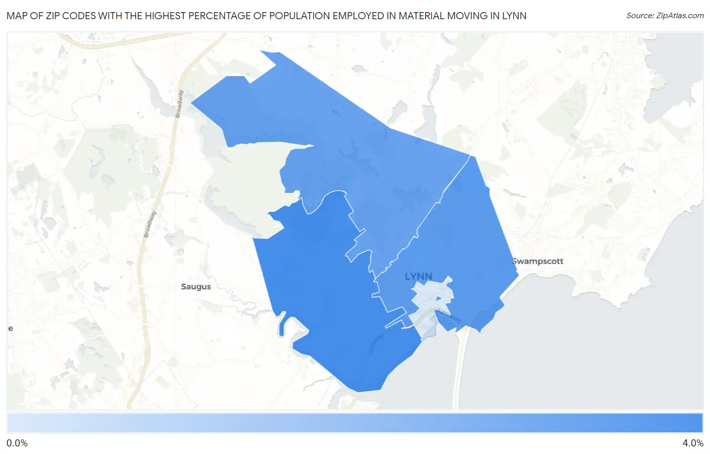 Zip Codes with the Highest Percentage of Population Employed in Material Moving in Lynn Map