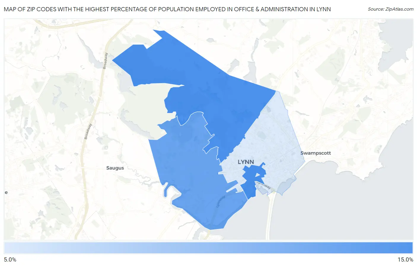 Zip Codes with the Highest Percentage of Population Employed in Office & Administration in Lynn Map