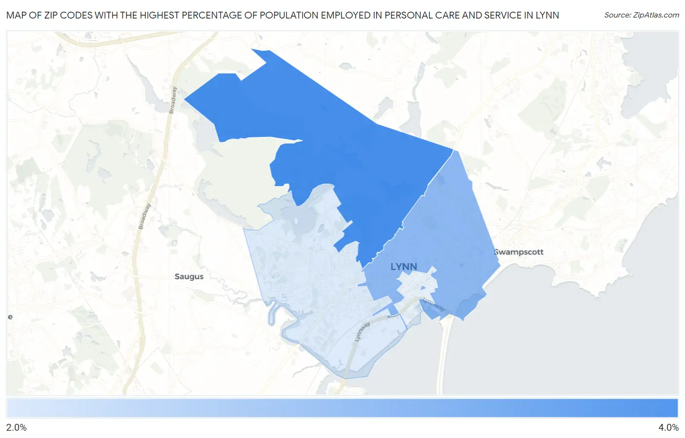 Zip Codes with the Highest Percentage of Population Employed in Personal Care and Service in Lynn Map