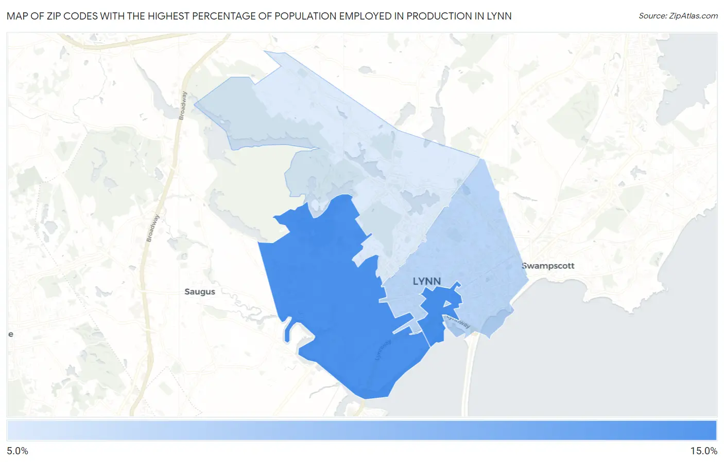 Zip Codes with the Highest Percentage of Population Employed in Production in Lynn Map