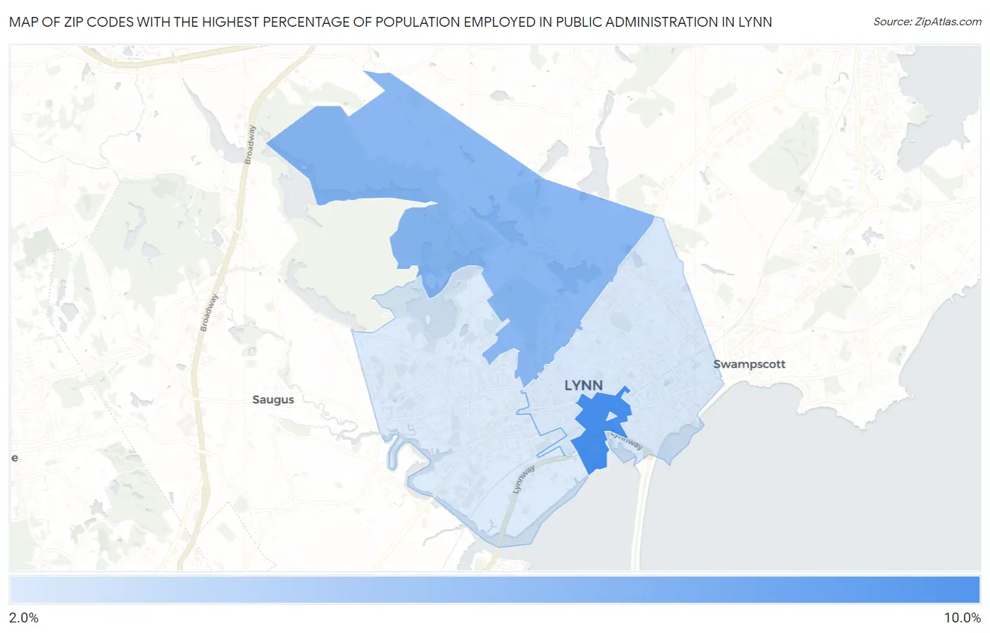 Zip Codes with the Highest Percentage of Population Employed in Public Administration in Lynn Map