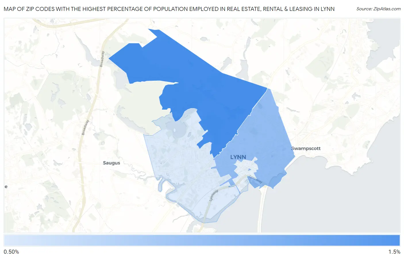 Zip Codes with the Highest Percentage of Population Employed in Real Estate, Rental & Leasing in Lynn Map