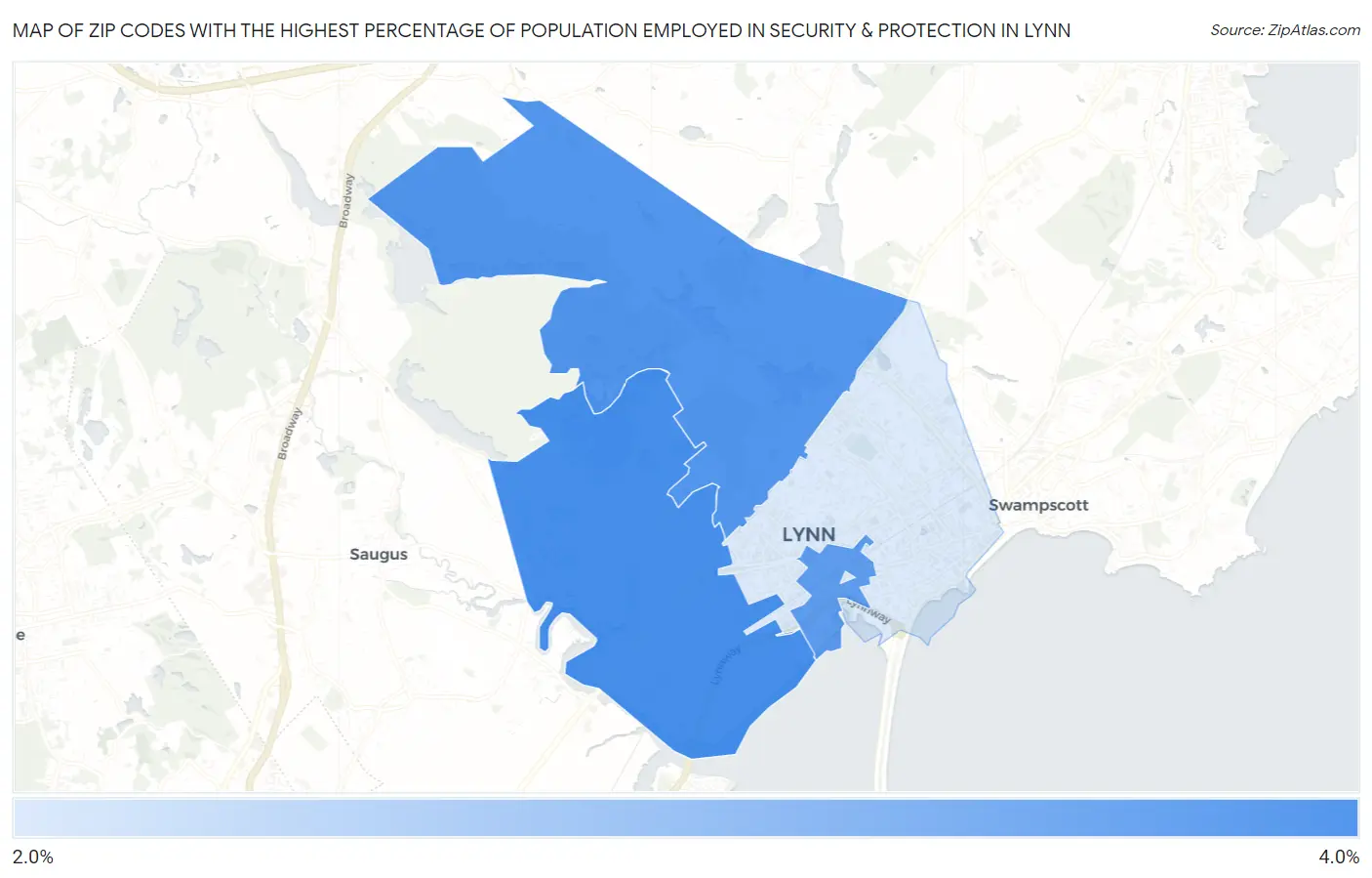 Zip Codes with the Highest Percentage of Population Employed in Security & Protection in Lynn Map