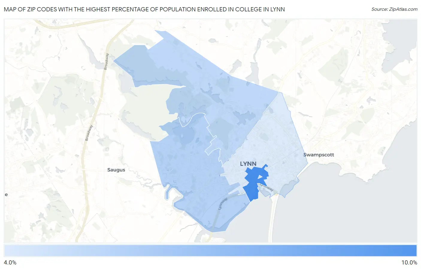 Zip Codes with the Highest Percentage of Population Enrolled in College in Lynn Map