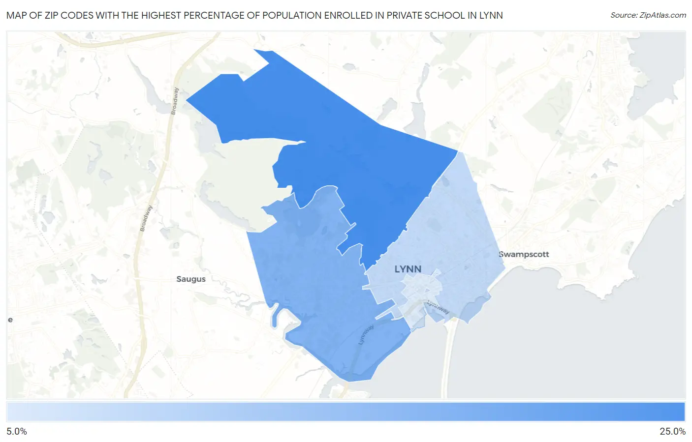 Zip Codes with the Highest Percentage of Population Enrolled in Private School in Lynn Map