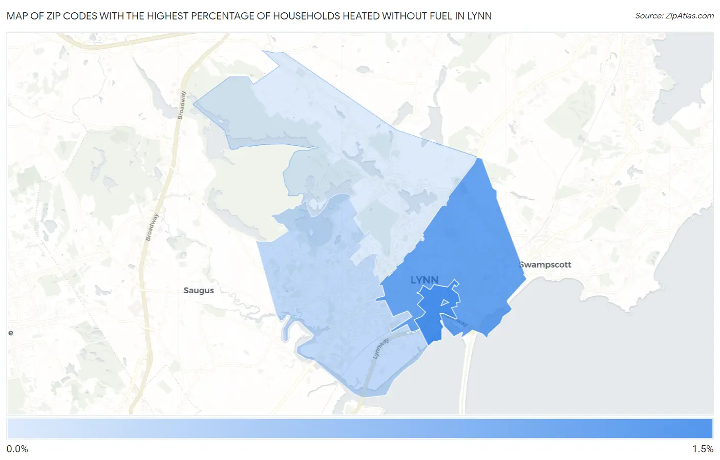 Zip Codes with the Highest Percentage of Households Heated without Fuel in Lynn Map