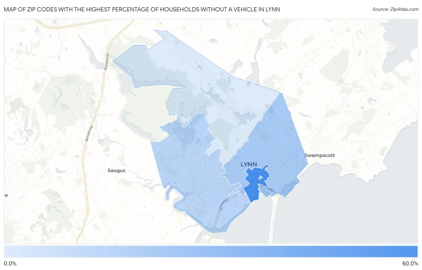 Zip Codes with the Highest Percentage of Households Without a Vehicle in Lynn Map