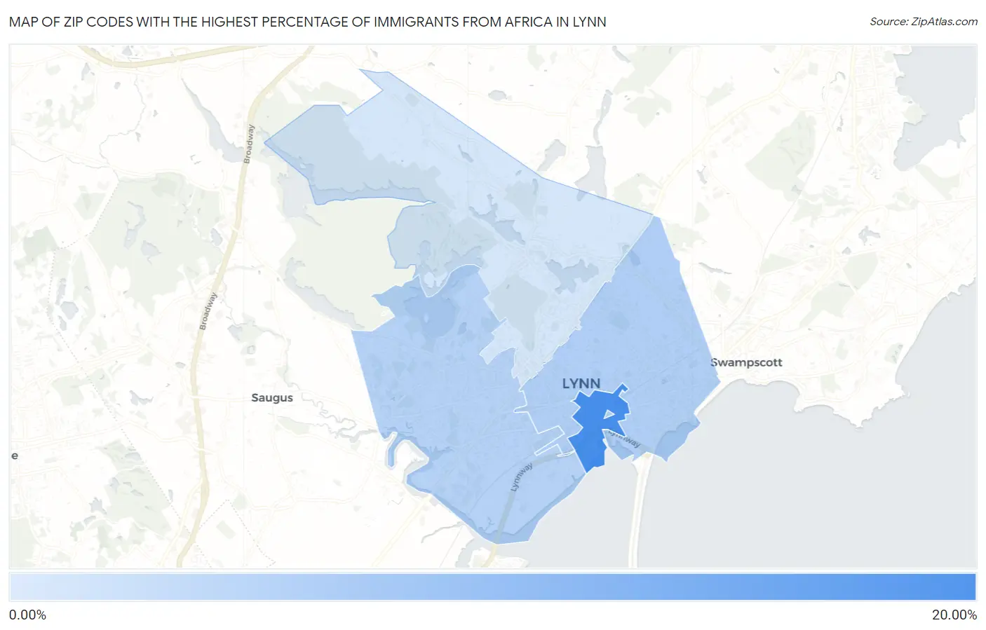 Zip Codes with the Highest Percentage of Immigrants from Africa in Lynn Map