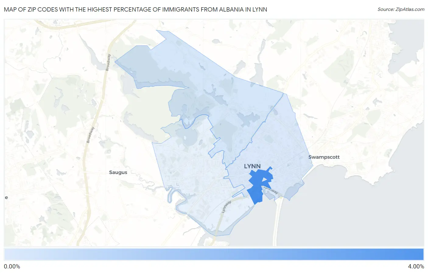 Zip Codes with the Highest Percentage of Immigrants from Albania in Lynn Map