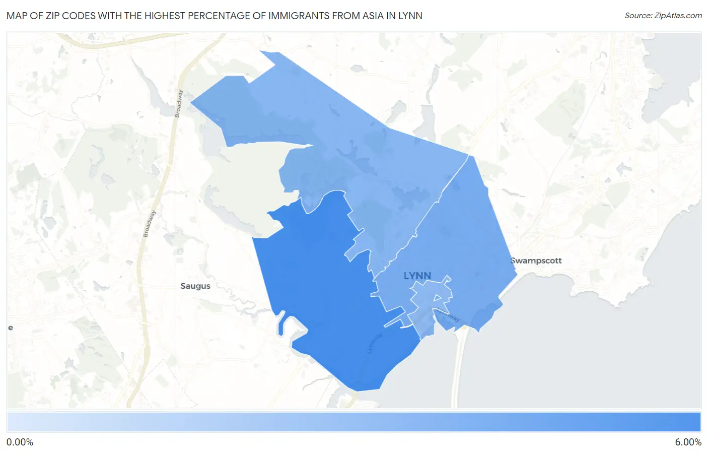Zip Codes with the Highest Percentage of Immigrants from Asia in Lynn Map