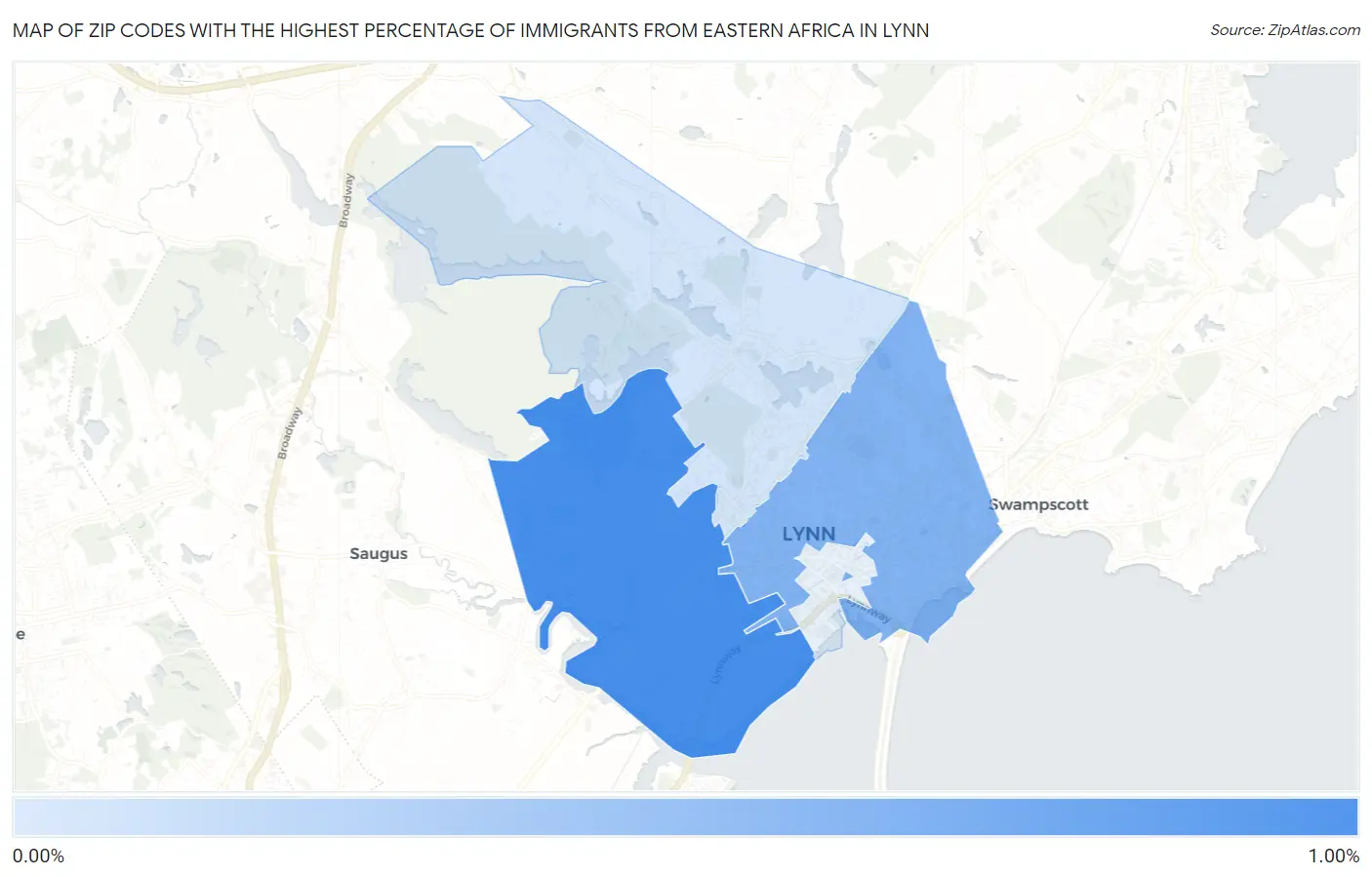 Zip Codes with the Highest Percentage of Immigrants from Eastern Africa in Lynn Map