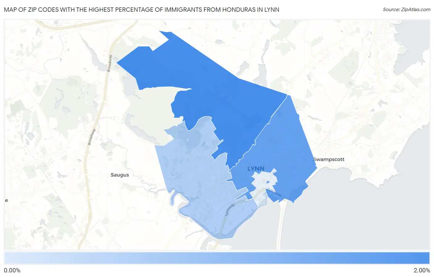 Zip Codes with the Highest Percentage of Immigrants from Honduras in Lynn Map