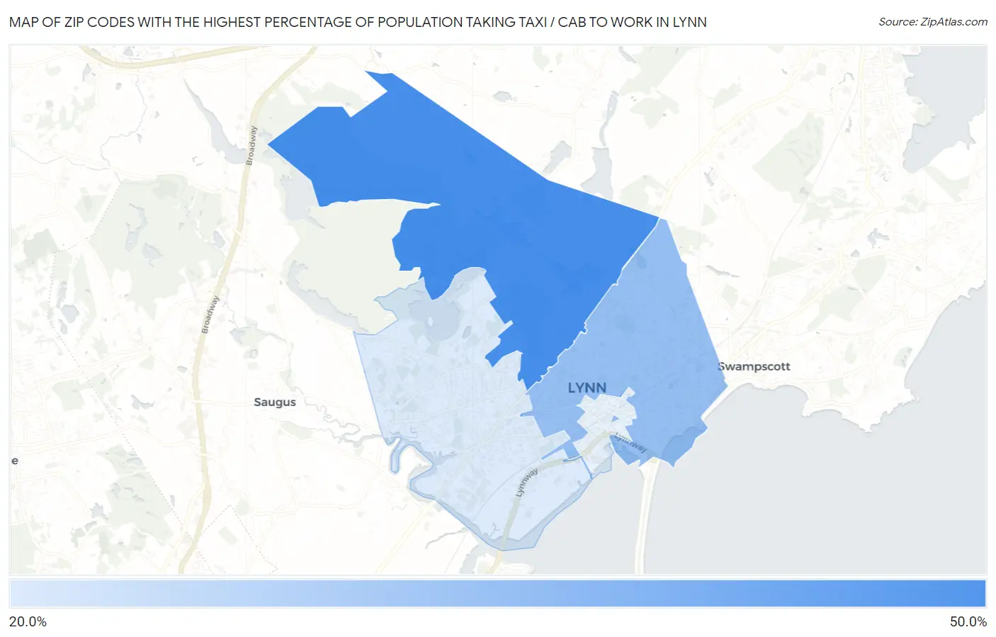Zip Codes with the Highest Percentage of Population Taking Taxi / Cab to Work in Lynn Map
