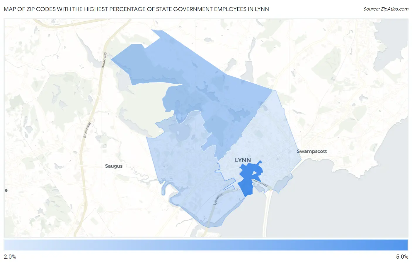 Zip Codes with the Highest Percentage of State Government Employees in Lynn Map