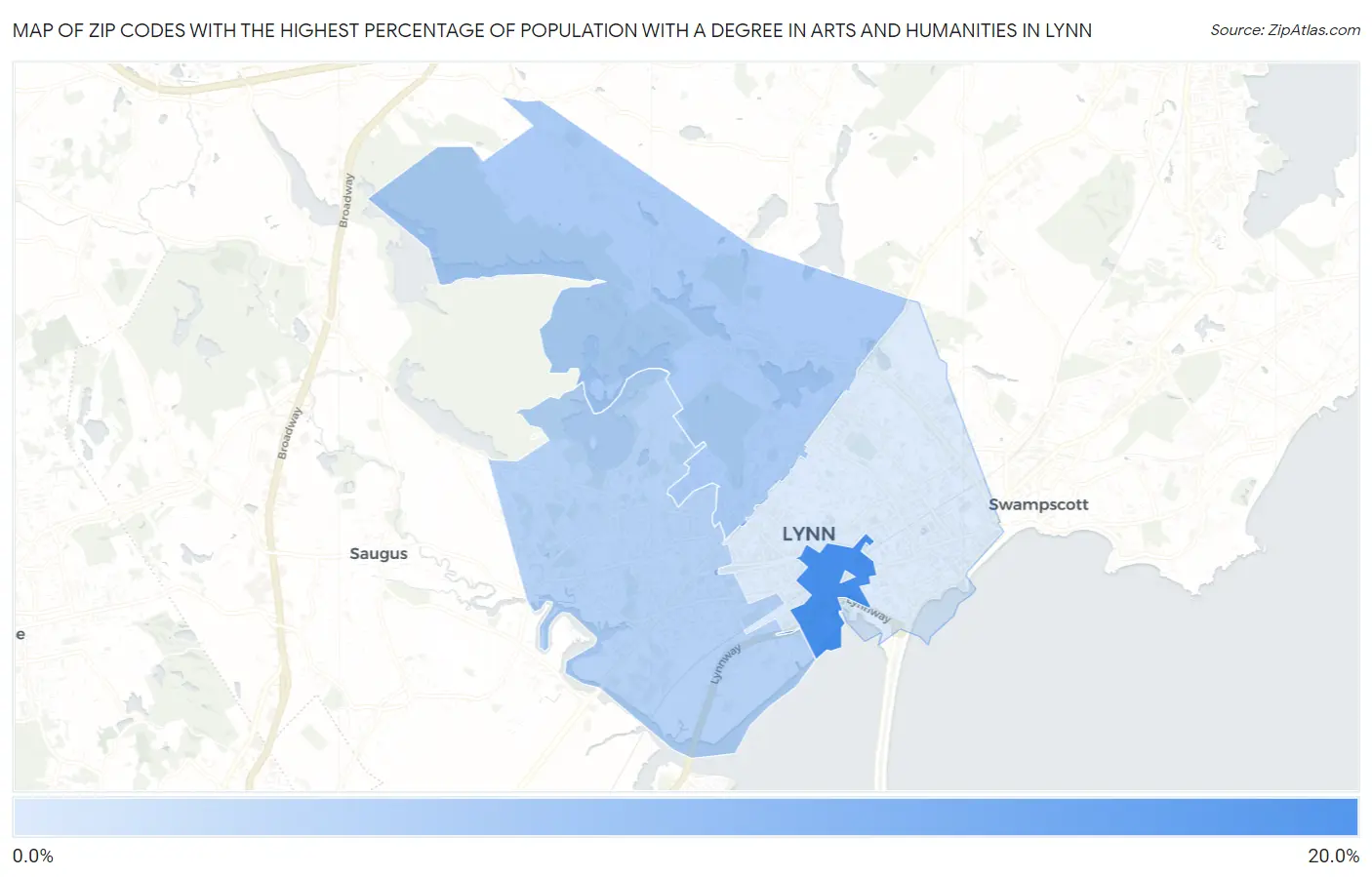 Zip Codes with the Highest Percentage of Population with a Degree in Arts and Humanities in Lynn Map